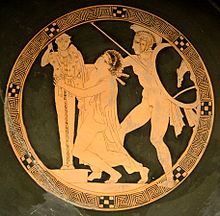 Ajax neemt Cassandra, schildert op een drinkbeker (kylix) van de Kodros-schilder, ca. 440-430 voor Christus, Louvre.