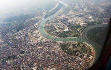 Aerial view with the confluence of the Sava and Danube rivers at the Belgrade Fortress