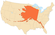 Kaart die laat zien hoe groot Alaska is in vergelijking met de andere staten  