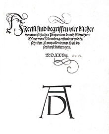Titelsidan till Vier Bücher von menschlicher Proportion med Albrecht Dürers monogram och signatur.  