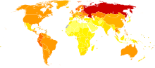 Mapa mostrando quantos anos de vida saudável a cada 100.000 pessoas perdidas por causa do alcoolismo em 2004* Amarelos: Menos de 50 a 410 * Laranjas: 410 a 770 * Vermelhos: 770 a 1250 * Vermelho escuro: Mais de 1250