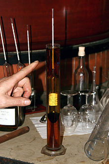 Een apparaat voor het meten van het alcoholgehalte wordt gebruikt om het alcoholgehalte van Cognac te bepalen.