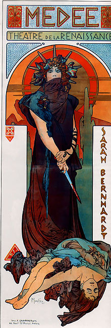 Afiș realizat de Alfons Mucha, pentru o piesă de teatru cu Sarah Bernardt în rolul Medeei (1898)