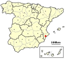 Alicante (rød prik) på et kort over Spanien