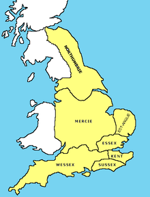 Az angolszász Anglia áttekintő térképe a 9. század elején, a dán hódítások előestéjén.
