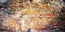 Pintura rupestre aborígine dos espíritos Mimi na galeria Anbangbang na Nourlangie Rock