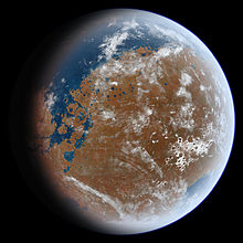 Het idee van een kunstenaar over hoe het oude Mars er misschien uitzag, gebaseerd op geologische gegevens.