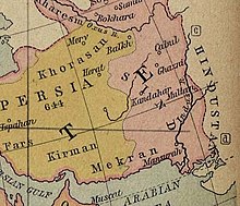 Namen van gebieden tijdens het Kalifaat in 750 CE. Khorasan maakte deel uit van Perzië (in geel).  