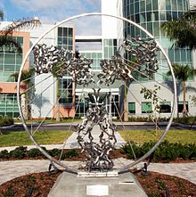 IgG sculpture Angel of the West by Julian Voss-Andreae in front of the Scripps Research Institute in Jupiter, Florida. The sculpture places the main chain (using the structure published by E. Padlan) in a ring instead of a human like Leonardo da Vinci's Vitruvian Man to show the similarity between antibodies and the human body.