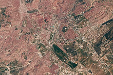 Satellite photo. The cardinal points are tilted about 135 degrees to the left compared to the usual north orientation on maps, i.e. the lower left corner points approximately to the north.