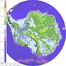 Antarctica without ice, regions below sea level in blue and violet. Neither the rise in sea level due to ice melt nor the long-term increase in continental mass due to the weight being removed are taken into account here.