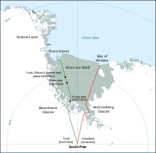 Le rotte verso il Polo Sud prese da Scott (verde) e Amundsen (rosso), 1911-1912.