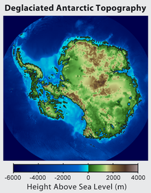This topographic map of Antarctica without ice takes into account isostatic land uplift as well as sea level rise due to ice melt. It thus gives an idea of what Antarctica looked like 35 million years ago, before the large ice sheets formed.