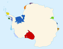 Större ishyllor i Antarktis. Rouss ishylla är röd, Fincher Ronne är det stora området i blått.  