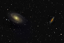 M81（左）和M82（右）。M82是两个受到M81强烈引力影响的星系之一。另一个是NGC 3077，位于这张图片的顶部边缘。