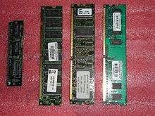 Different types of main memory (from left to right) SIMM 1992, SDRAM 1997, DDR-SDRAM 2001, DDR2-SDRAM 2008