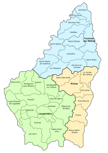 Arrondissement de Largentière en vert, Privas en brun, Tournon-sur-Rhône en bleu