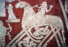 奥丁骑在Sleipnir上（阿尔代尔图像石，8世纪）。