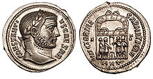 A Roman argenteus minted in Antioch with the effigy of the emperor Constantius Chlorus and the inscription CONSTANTIUS CAESAR , VICTORIAE SARMATICAE