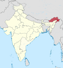 Arunachal Pradesh / södra Tibet i ljusrött. Indien i beige.  