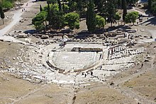 Moderne afbeelding van het Theater van Dionysus in Athene, waar veel van Aeschylus' toneelstukken werden opgevoerd