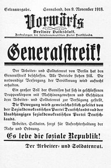 Against the backdrop of defeat, the November Revolution develops out of the Kiel sailors' uprising: issue of Vorwärts, November 9, 1918