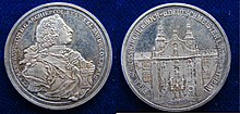 Silver medal of the now dissolved Partin Bank Bad Mergentheim to the Teutonic Order. The obverse is a facsimile of the medal by Franz Andreas Schega. It shows Clemens August of Bavaria, Grand Master of the Teutonic Order 1732-1761. The reverse depicts the church of the Order in Mergentheim Castle.