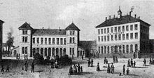 First railway station and post office in Ulm in 1855