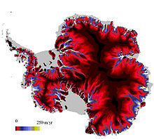 Velocity of Antarctica's glaciers. The colours indicate the different flow velocities of the ice.
