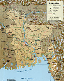 Mapa zobrazující hlavní řeky v Bangladéši včetně Meghny.