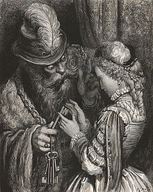 Bluebeard hands over the key (Wood engraving by Gustave Doré from the book Les Contes de Perrault, dessins par Gustave Doré, 1862)