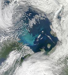 Fytoplanktonbloei in de Barentszzee. De melkachtig-blauwe kleur van de bloei suggereert dat deze grote aantallen coccolithoforen bevat.