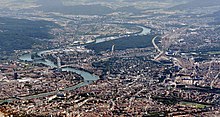 Basel and Rhine bend from the northwest bird's eye view