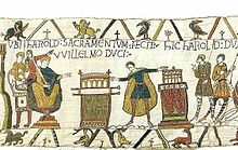 Harold's perjury in the representation of the Bayeux Tapestry (11th century). Witnesses to the scene note the perjury, it goes unnoticed by the king. The carrying sticks of the reliquary point to the Ark of the Covenant.