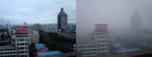 Beijing in August 2005 - left: clear air after rainfall, right: smog in sunny weather