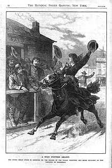 Belle Starr, Amerikaanse vrouwelijke outlaw. Het bijschrift luidt: "Een wilde western amazone. De bekende Belle Starr wordt gearresteerd aan de grens van Indian Territory en verdwijnt op borgtocht te paard." Houtgravure in The National Police Gazette (1886 mei 22), p. 16.  