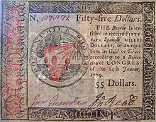 Banconota da cinquantacinque dollari in "valuta continentale"; disegno della foglia di Benjamin Franklin, 1779