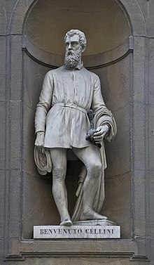 Celliniä esittävä patsas Firenzen Uffizissa.  