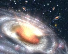 Taiteilijan näkemys kvasaarista - kasvavasta supermassiivisesta mustasta aukosta galaksin keskellä.  