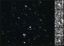 Samengesteld beeld van vijf sterrenstelsels die 600 miljoen jaar na de oerknal zijn samengevoegd.  