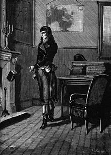 Il envoya le roman dans les flammes ("He threw the novel into the flames"):Napoleon Bonaparte throws a copy of the novel Juliette into the fire.