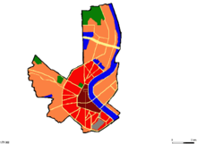 Urban structure of Bordeaux. dark red: old town; light red: inside boulevard; orange: outer districts