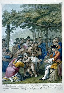 Devido ao fato de que muitas crianças tomadas como cativas haviam sido adotadas em famílias indígenas, seu retorno forçado muitas vezes resultou em cenas emocionais, como retratado nesta gravura baseada em uma pintura de Benjamin West.