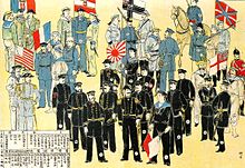 The troops of the united eight interventionist states in a Japanese drawing (Germany is shown at the top center).