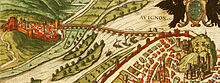 Η γέφυρα σε εκτύπωση που δημοσιεύτηκε το 1575 με τις αψίδες άθικτες