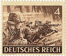 Um selo postal de 1943. Ele mostra as tropas das Waffen-SS, como propaganda
