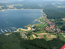 Aerial view of Lake Brombach from the west in the direction of the dam. On the right side of the picture Ramsberg and the ridge Schwarzleite can be seen.