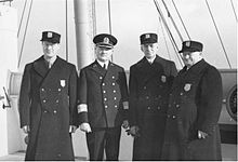 Brundage (left) with other officials and Captain Leopold Ziegenbein aboard the Bremen, en route to the 1936 Winter Games in Garmisch, Germany