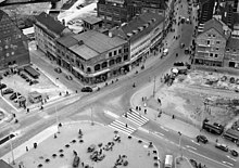 1955: View from the main tower of Ulm Cathedral to the western Münsterplatz. The gaps between buildings are consequences of the destruction of the old town, especially on 17 December 1944.