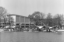 Lake in the city garden and Black Forest Hall during the Federal Garden Show 1967